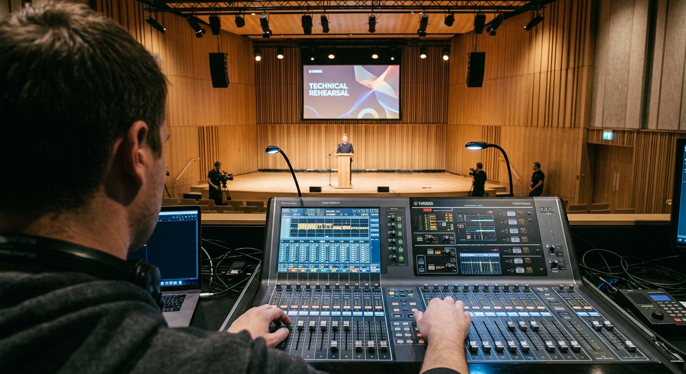 Audio-visual engineer adjusting digital sound mixing console during a technical rehearsal facing an auditorium stage